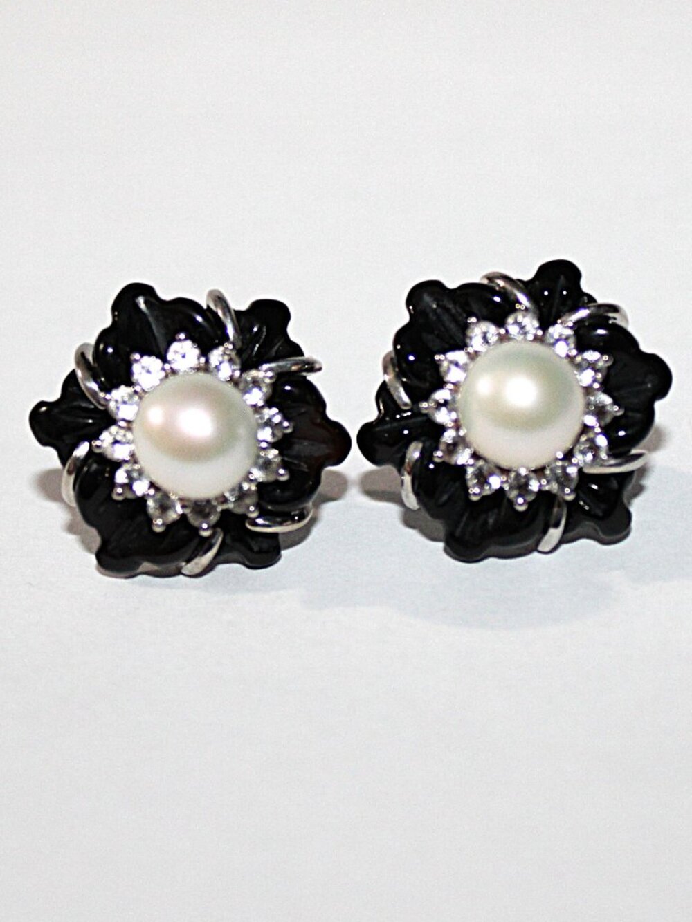 Sterling Silver Cultured Pearl Black Glass Floral Earrings